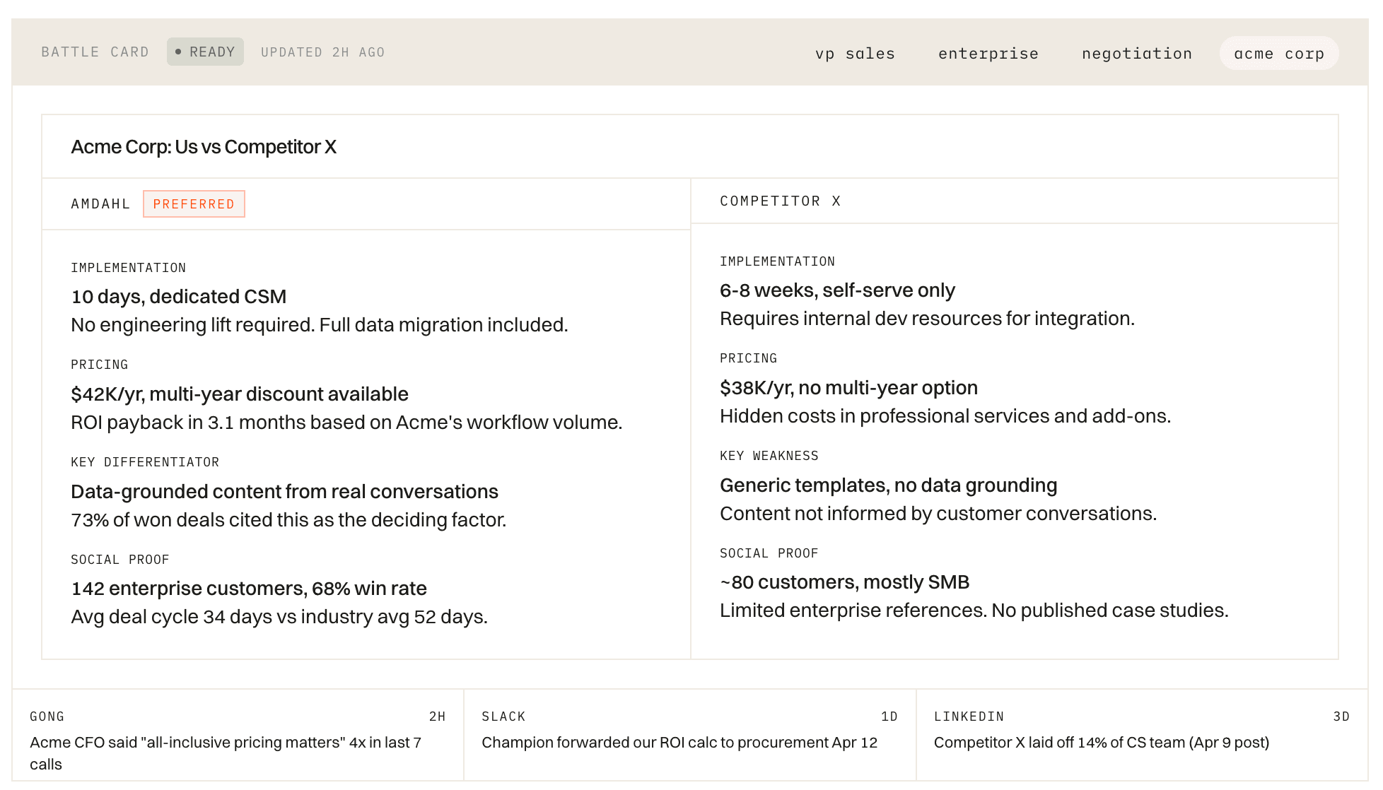 Amdahl sales enablement — battle card generator